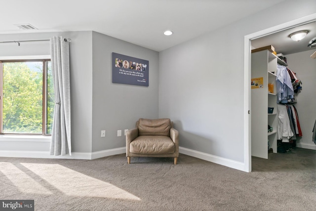 sitting room with recessed lighting, visible vents, carpet floors, and baseboards