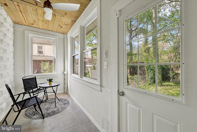 sunroom / solarium featuring wood ceiling and a healthy amount of sunlight