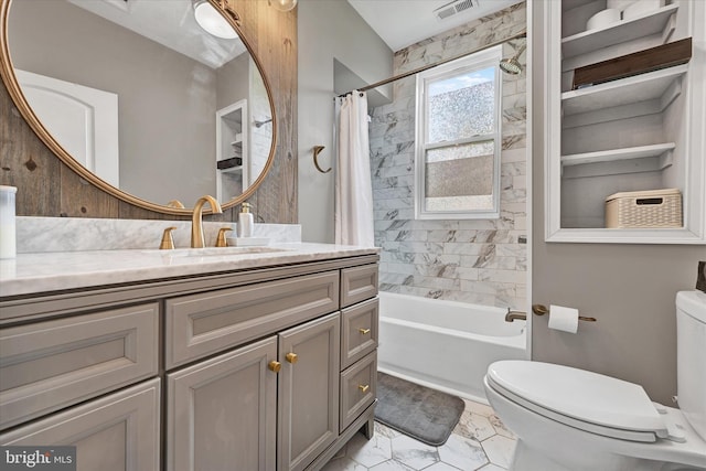 full bathroom with visible vents, vanity, toilet, marble finish floor, and shower / bathtub combination with curtain