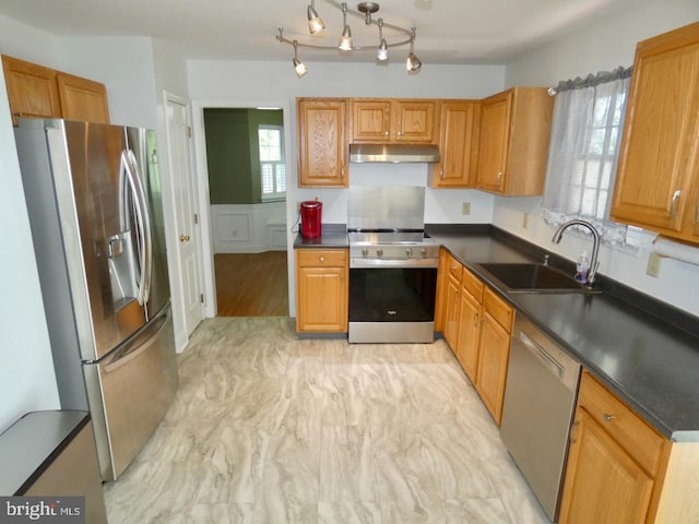 kitchen featuring under cabinet range hood, stainless steel appliances, dark countertops, and a sink