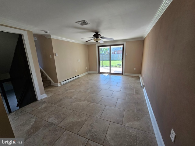 empty room with ceiling fan, crown molding, baseboards, a baseboard heating unit, and stairs