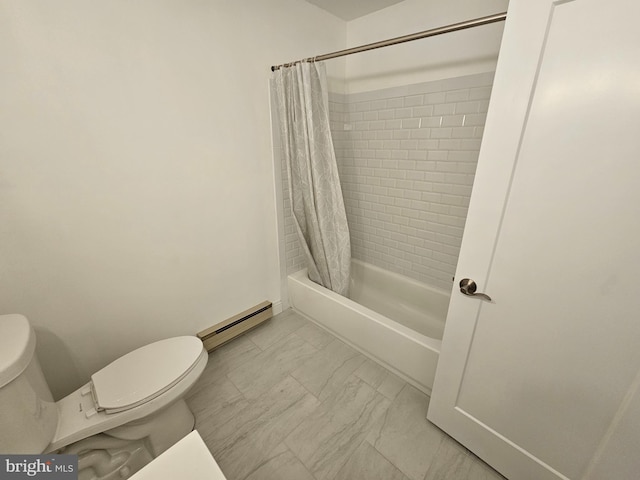 bathroom with toilet, shower / tub combo, marble finish floor, and a baseboard radiator