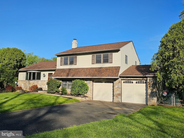 tri-level home with a front lawn, aphalt driveway, fence, stone siding, and a chimney
