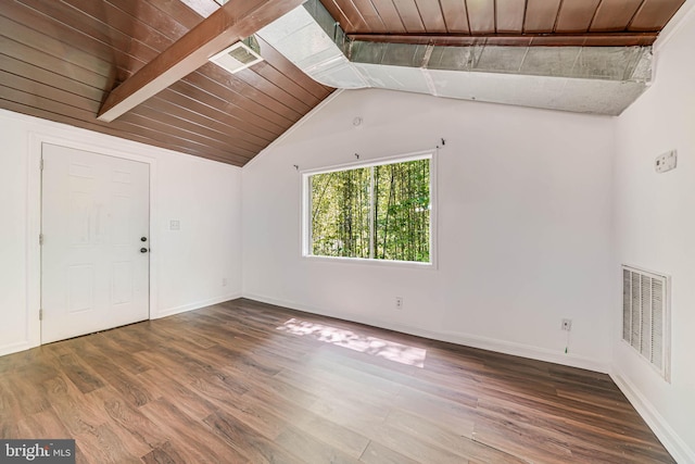 spare room with visible vents, wood finished floors, baseboards, vaulted ceiling with beams, and wooden ceiling