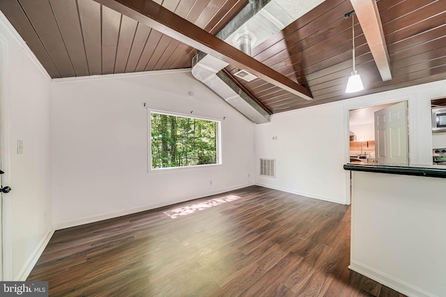 spare room with lofted ceiling with beams, baseboards, wooden ceiling, dark wood-type flooring, and visible vents