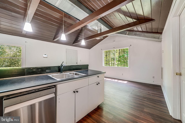 kitchen with a sink, dark countertops, wood ceiling, and dishwasher