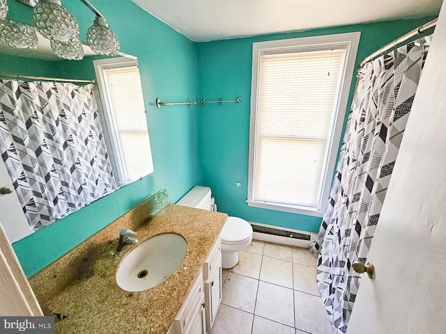 bathroom with a shower with curtain, a baseboard radiator, toilet, vanity, and tile patterned flooring