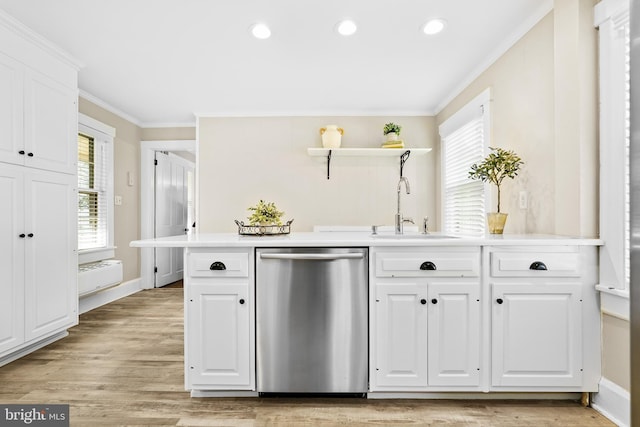 306 Bohemia Ave, Chesapeake City, MD 21915 - kitchen with white cabinets, open shelves, a sink, stainless steel dishwasher, and ornamental molding
