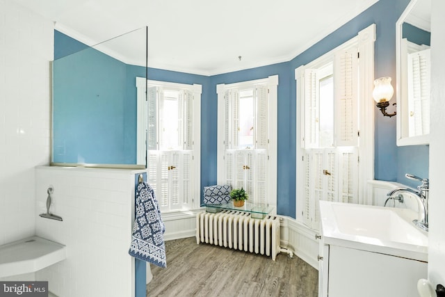 306 Bohemia Ave, Chesapeake City, MD 21915 - bathroom with crown molding, wainscoting, vanity, radiator heating unit, and wood finished floors