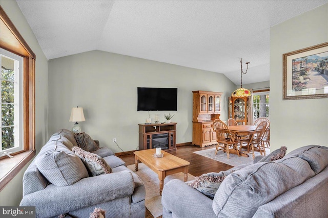 living room with plenty of natural light, a textured ceiling, wood finished floors, and vaulted ceiling