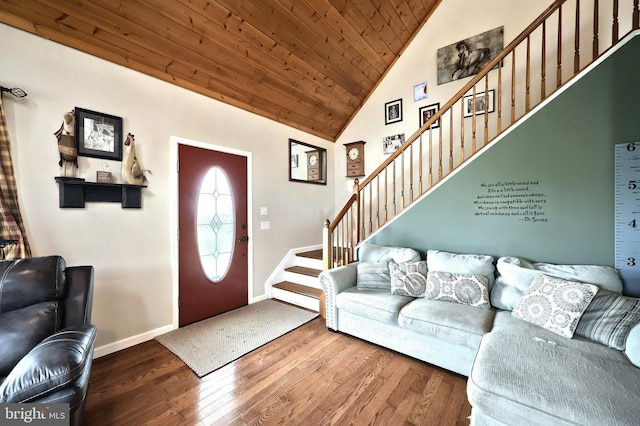18 Boyds Hollow Rd, Biglerville, PA 17307 - entrance foyer with wood finished floors, stairway, baseboards, wooden ceiling, and high vaulted ceiling