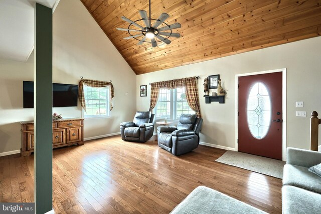 18 Boyds Hollow Rd, Biglerville, PA 17307 - living room with ceiling fan, high vaulted ceiling, wood finished floors, baseboards, and wood ceiling
