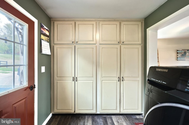 18 Boyds Hollow Rd, Biglerville, PA 17307 - laundry room with cabinet space, washer / dryer, dark wood-style floors, and baseboards