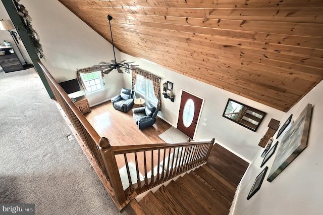 18 Boyds Hollow Rd, Biglerville, PA 17307 - staircase with wood ceiling, wood finished floors, ceiling fan, baseboards, and carpet flooring