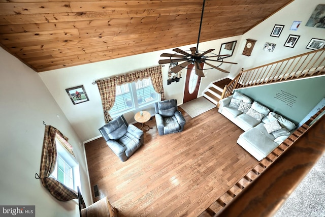 18 Boyds Hollow Rd, Biglerville, PA 17307 - living area featuring wood ceiling, healthy amount of natural light, wood finished floors, ceiling fan, and high vaulted ceiling