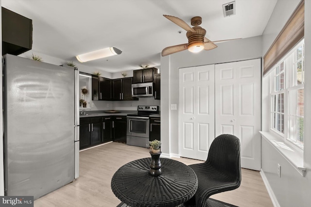 kitchen featuring stainless steel appliances, a ceiling fan, dark cabinets, and light wood finished floors
