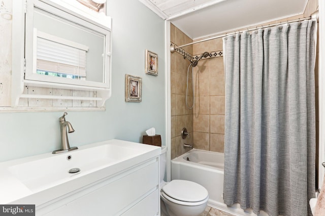 bathroom with toilet, shower / bath combination with curtain, and vanity