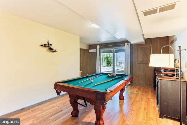 game room featuring visible vents, billiards, baseboards, and light wood-type flooring