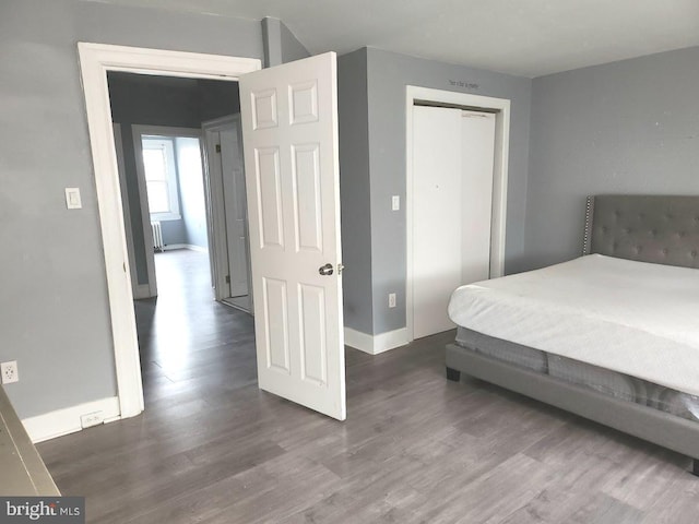 bedroom featuring baseboards, wood finished floors, and a closet