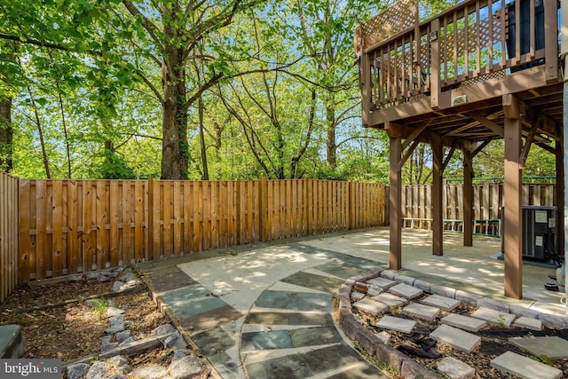view of patio / terrace featuring a fenced backyard and a wooden deck