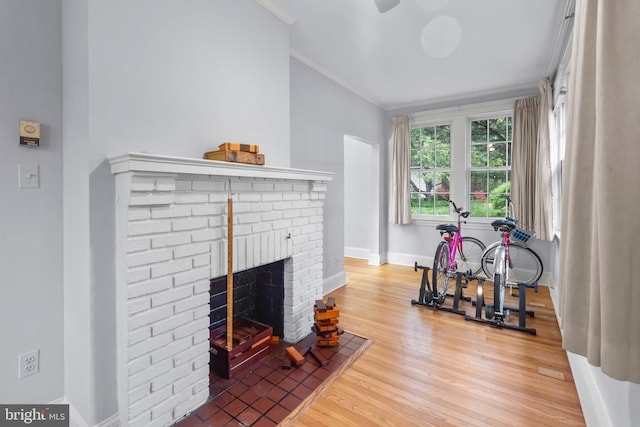 exercise room featuring ornamental molding, wood finished floors, baseboards, and a fireplace