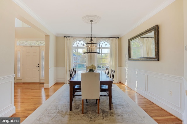 dining area with crown molding, an inviting chandelier, light wood-style flooring, and a wainscoted wall