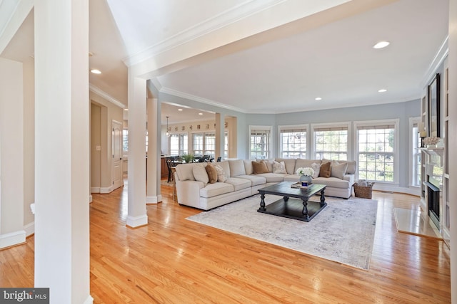 living room with light wood-style floors, ornamental molding, and a wealth of natural light