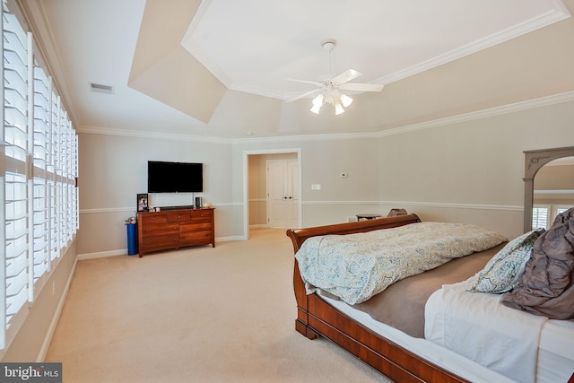 bedroom with visible vents, ornamental molding, baseboards, ceiling fan, and carpet