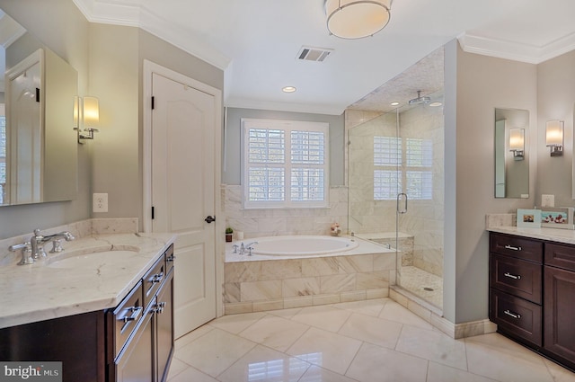 bathroom featuring crown molding, a stall shower, a garden tub, and visible vents