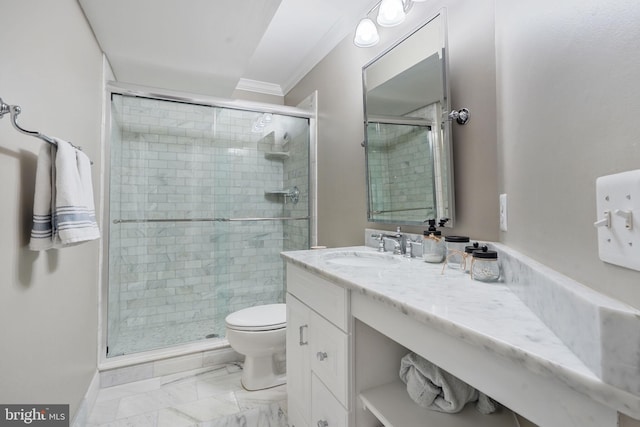 full bath featuring toilet, ornamental molding, marble finish floor, and a stall shower