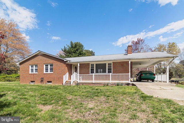 4520 Chapel Springs Pl, Pomfret, MD 20675 - ranch-style home featuring driveway, a chimney, covered porch, brick siding, and a front lawn