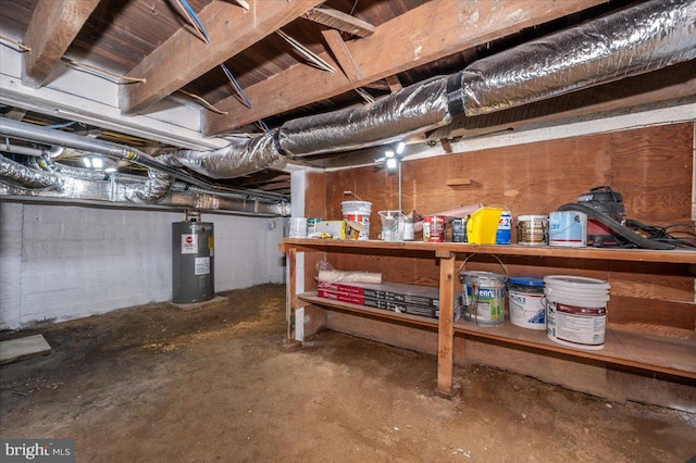 unfinished below grade area featuring electric water heater
