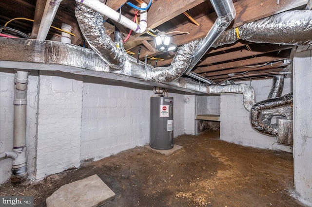 unfinished basement featuring electric water heater