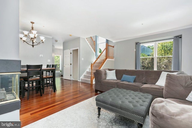 living area with an inviting chandelier, stairs, plenty of natural light, and wood finished floors