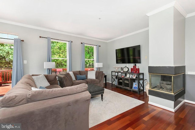 living area featuring baseboards, ornamental molding, and wood finished floors