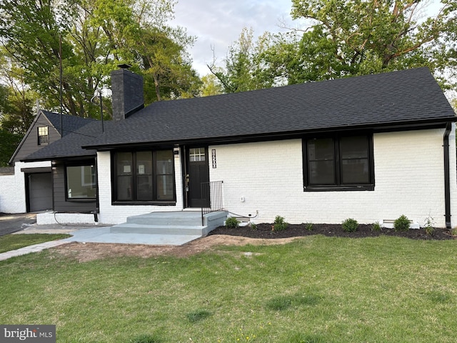 14500 April St, Accokeek, MD 20607 - single story home featuring brick siding, a chimney, a shingled roof, and a front yard