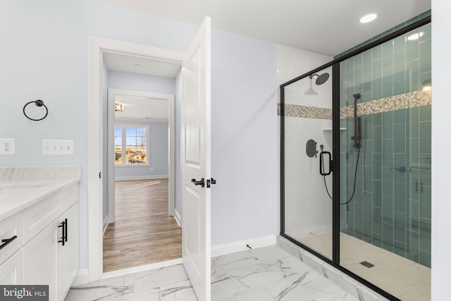 W Main Blvd, Lutherville Timonium, MD 21093 - full bath with vanity, marble finish floor, recessed lighting, baseboards, and a stall shower