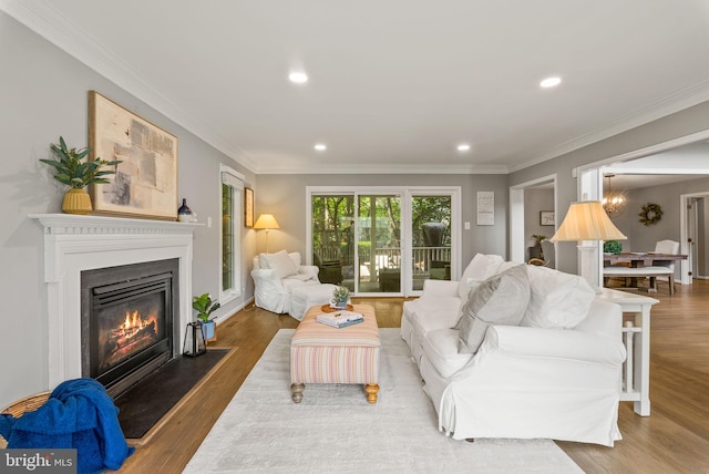 living room featuring crown molding, a fireplace with flush hearth, and wood finished floors