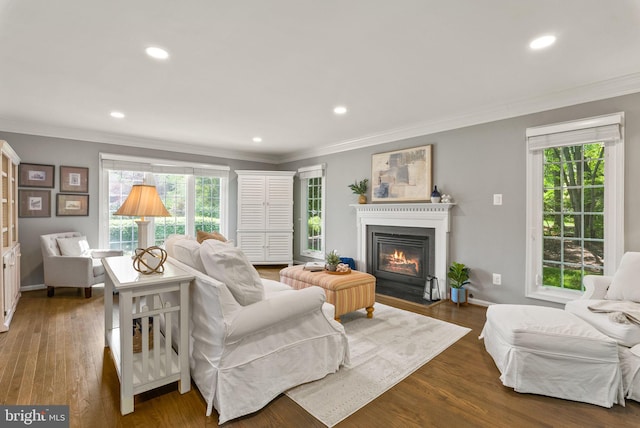 living room with crown molding, plenty of natural light, recessed lighting, and a fireplace with flush hearth