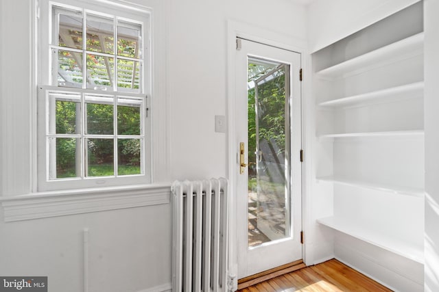 doorway with radiator heating unit and light wood-type flooring