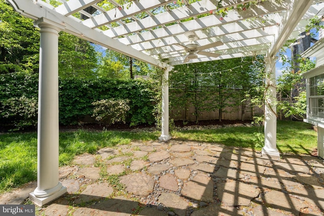 view of patio / terrace featuring a pergola, fence, and a ceiling fan