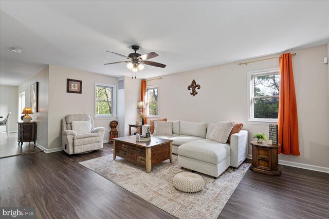 26101 Frederick Rd, Clarksburg, MD 20871 - living area featuring baseboards, a ceiling fan, and dark wood-style flooring