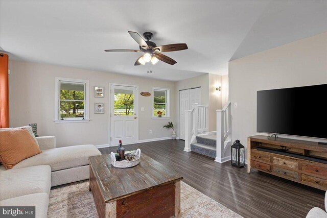 26101 Frederick Rd, Clarksburg, MD 20871 - living area featuring stairway, baseboards, a ceiling fan, and wood finished floors