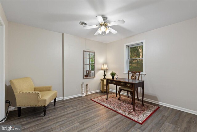 26101 Frederick Rd, Clarksburg, MD 20871 - office area with baseboards, ceiling fan, dark wood finished floors, and visible vents