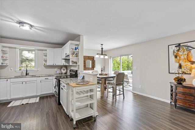 26101 Frederick Rd, Clarksburg, MD 20871 - kitchen with open shelves, a sink, white cabinets, stainless steel electric stove, and under cabinet range hood