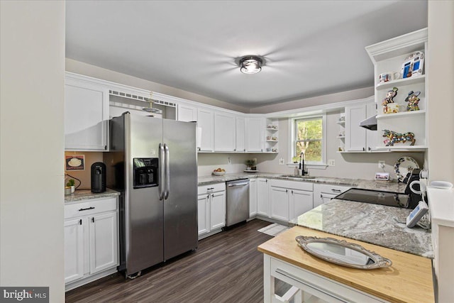 26101 Frederick Rd, Clarksburg, MD 20871 - kitchen featuring open shelves, dark wood-style flooring, white cabinetry, a sink, and stainless steel appliances