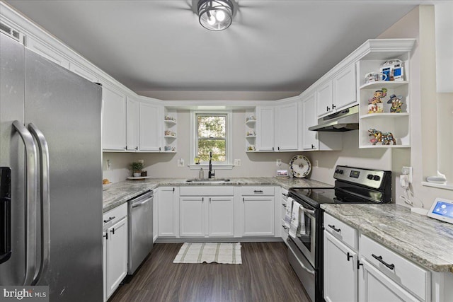 26101 Frederick Rd, Clarksburg, MD 20871 - kitchen with open shelves, white cabinetry, under cabinet range hood, a sink, and stainless steel appliances