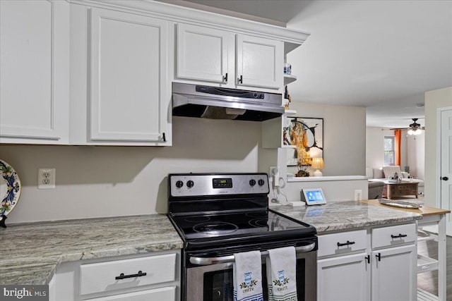 26101 Frederick Rd, Clarksburg, MD 20871 - kitchen with white cabinets, a ceiling fan, under cabinet range hood, and electric range