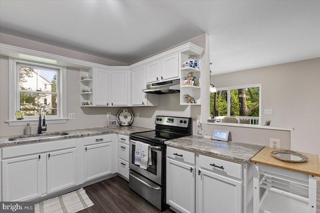 26101 Frederick Rd, Clarksburg, MD 20871 - kitchen with open shelves, under cabinet range hood, white cabinets, a sink, and stainless steel range with electric cooktop