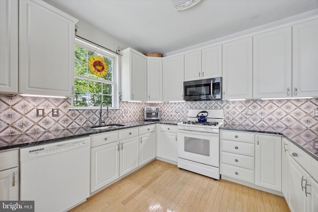 11 Weaver Dr, Evesham, NJ 08053 - kitchen with white appliances, a sink, light wood-style floors, and white cabinets